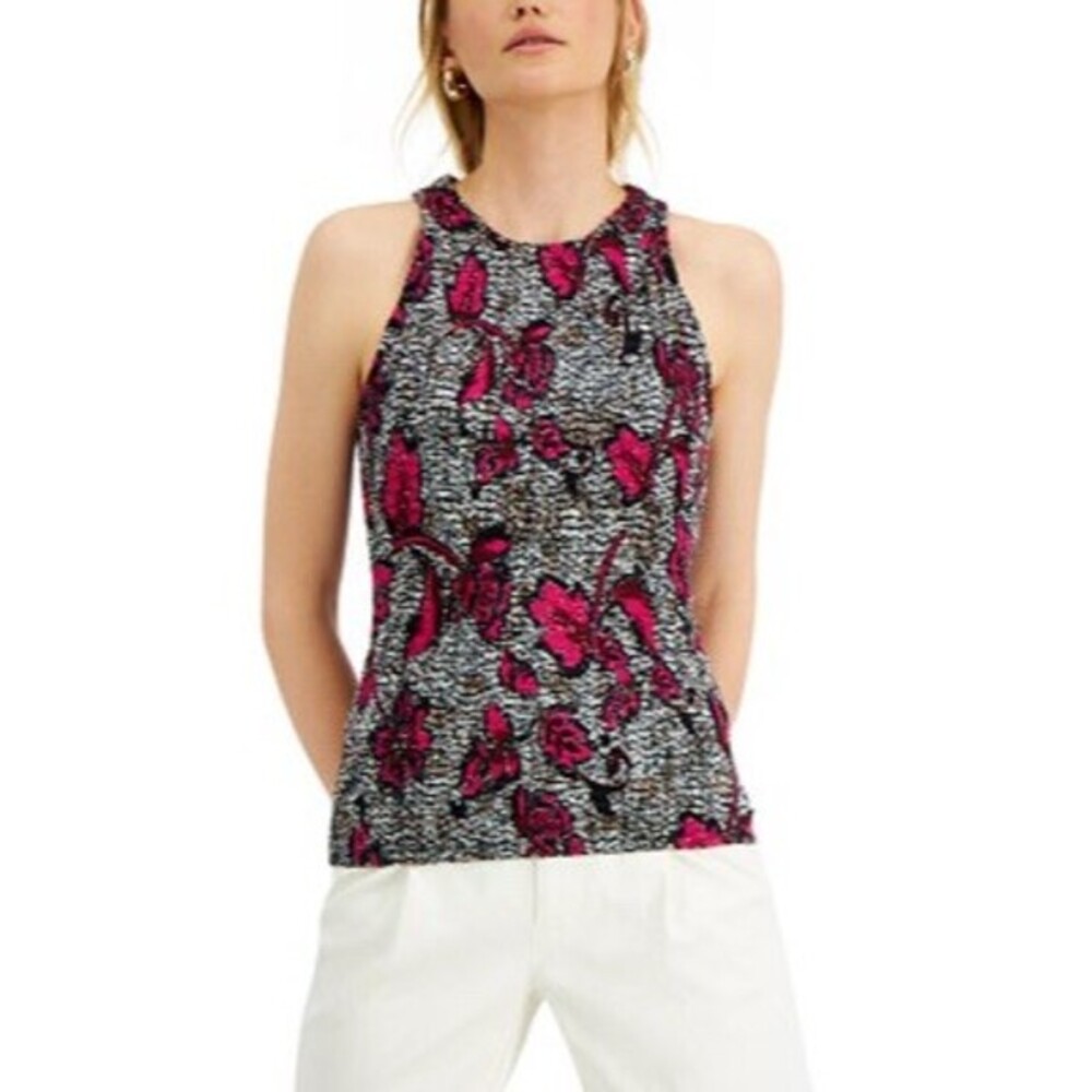 INC International Concepts Tank Top Womens L Pink Black Floral Halter